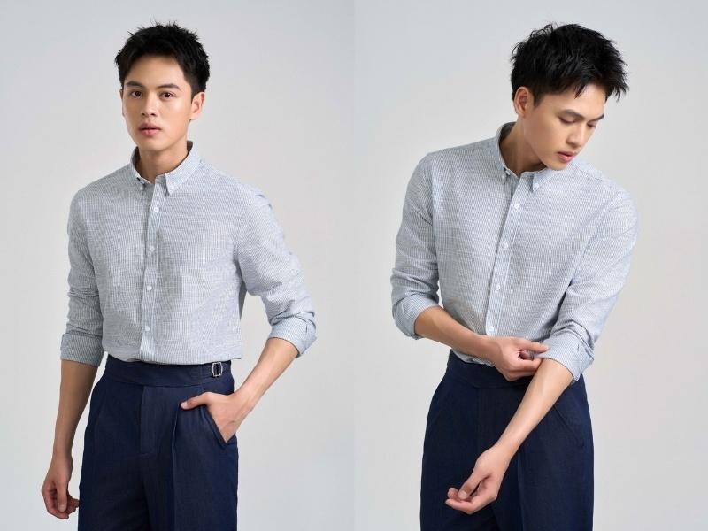Hướng dẫn từng bước cách xắn tay áo sơ mi nam kiểu Master Roll, với phần cổ tay áo lộ ra tạo điểm nhấn